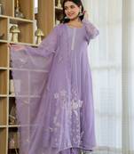 Women's Gorgeous Thread Work Chanderi Silk Fabric Flared Anarkali Pant and Dupatta Set