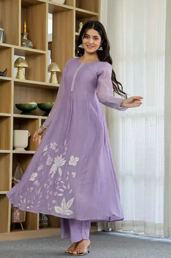 Women's Gorgeous Thread Work Chanderi Silk Fabric Flared Anarkali Pant and Dupatta Set