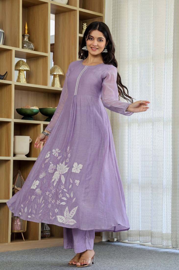 Women's Gorgeous Thread Work Chanderi Silk Fabric Flared Anarkali Pant and Dupatta Set