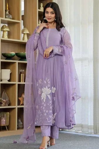 Women's Gorgeous Thread Work Chanderi Silk Fabric Flared Anarkali Pant and Dupatta Set