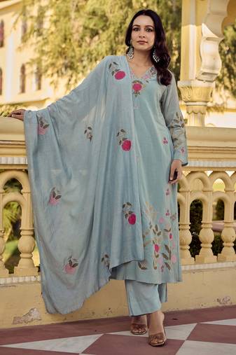 Women's Gorgeous Embroidery Work Chanderi Silk Fabric Straight Kurta Pant and Dupatta Set