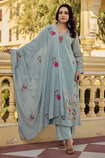 Women's Gorgeous Embroidery Work Chanderi Silk Fabric Straight Kurta Pant and Dupatta Set