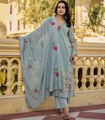 Women's Gorgeous Embroidery Work Chanderi Silk Fabric Straight Kurta Pant and Dupatta Set