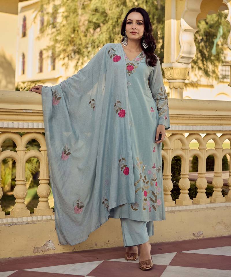 Women's Gorgeous Embroidery Work Chanderi Silk Fabric Straight Kurta Pant and Dupatta Set
