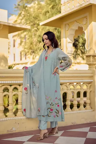 Women's Gorgeous Embroidery Work Chanderi Silk Fabric Straight Kurta Pant and Dupatta Set