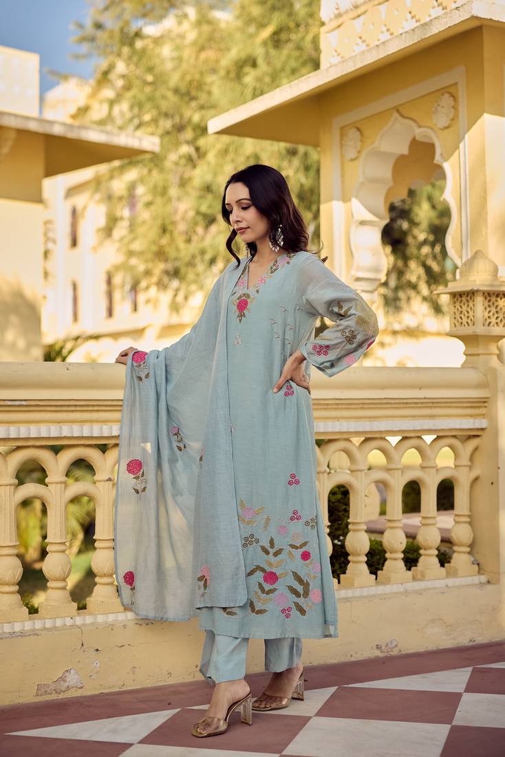 Women's Gorgeous Embroidery Work Chanderi Silk Fabric Straight Kurta Pant and Dupatta Set