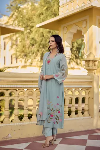 Women's Gorgeous Embroidery Work Chanderi Silk Fabric Straight Kurta Pant and Dupatta Set