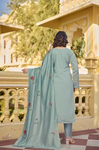Women's Gorgeous Embroidery Work Chanderi Silk Fabric Straight Kurta Pant and Dupatta Set