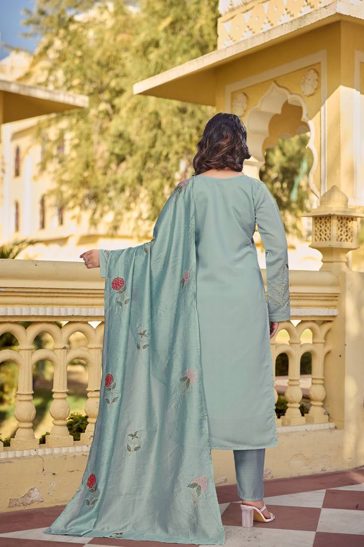 Women's Gorgeous Embroidery Work Chanderi Silk Fabric Straight Kurta Pant and Dupatta Set