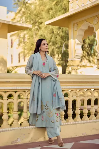 Women's Gorgeous Embroidery Work Chanderi Silk Fabric Straight Kurta Pant and Dupatta Set