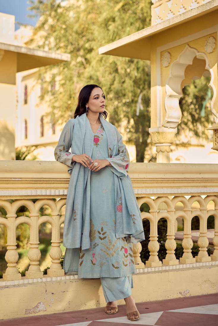 Women's Gorgeous Embroidery Work Chanderi Silk Fabric Straight Kurta Pant and Dupatta Set
