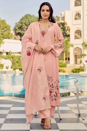Women's Gorgeous Embroidery Work Chanderi Silk Fabric Straight Kurta Pant and Dupatta Set