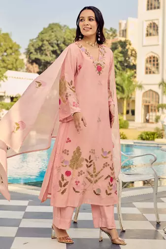 Women's Gorgeous Embroidery Work Chanderi Silk Fabric Straight Kurta Pant and Dupatta Set