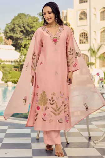 Women's Gorgeous Embroidery Work Chanderi Silk Fabric Straight Kurta Pant and Dupatta Set