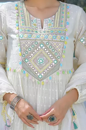 Women's Gorgeous Embroidery Work Flex Cotton Fabric Flared Anarkali Pant and Dupatta Set