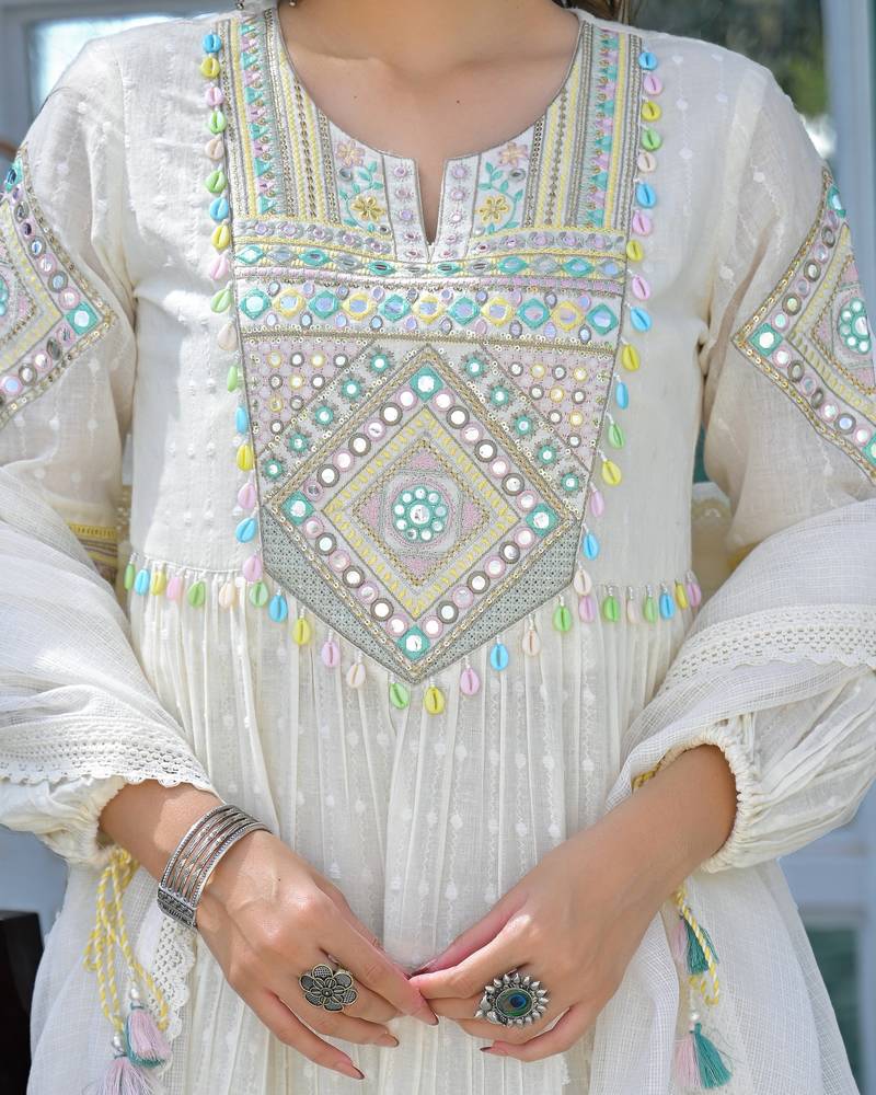 Women's Gorgeous Embroidery Work Flex Cotton Fabric Flared Anarkali Pant and Dupatta Set
