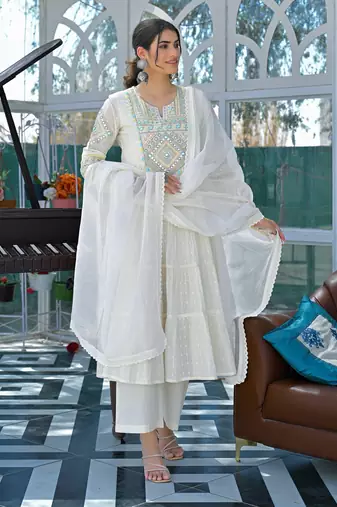 Women's Gorgeous Embroidery Work Flex Cotton Fabric Flared Anarkali Pant and Dupatta Set