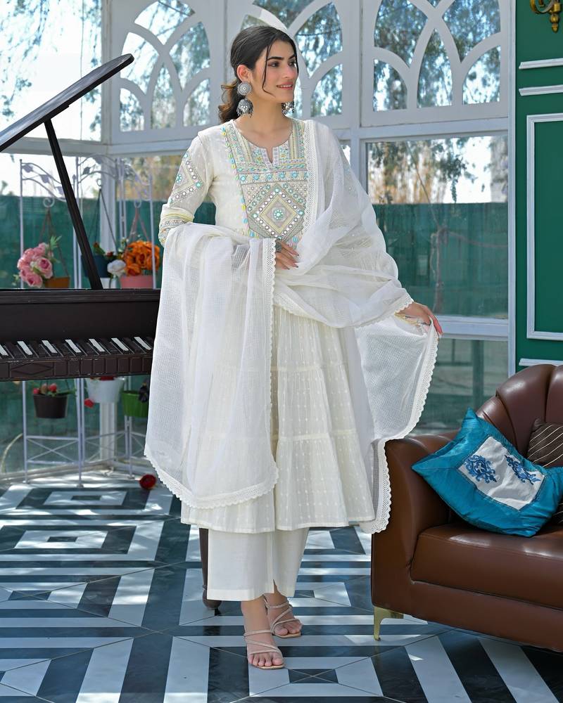 Women's Gorgeous Embroidery Work Flex Cotton Fabric Flared Anarkali Pant and Dupatta Set