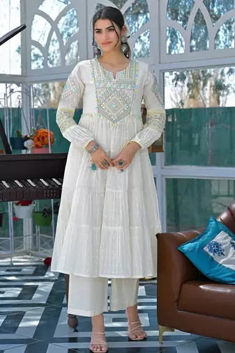 Women's Gorgeous Embroidery Work Flex Cotton Fabric Flared Anarkali Pant and Dupatta Set
