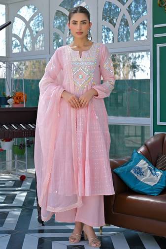 Women's Gorgeous Embroidery Work Flex Cotton Fabric Flared Anarkali Pant and Dupatta Set