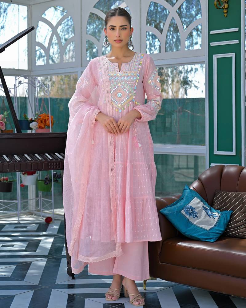 Women's Gorgeous Embroidery Work Flex Cotton Fabric Flared Anarkali Pant and Dupatta Set