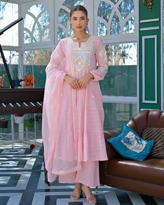 Women's Gorgeous Embroidery Work Flex Cotton Fabric Flared Anarkali Pant and Dupatta Set 1