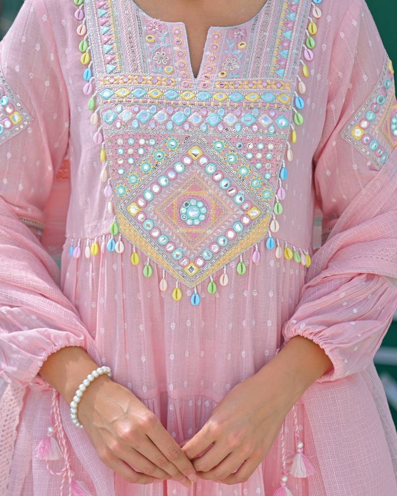 Women's Gorgeous Embroidery Work Flex Cotton Fabric Flared Anarkali Pant and Dupatta Set