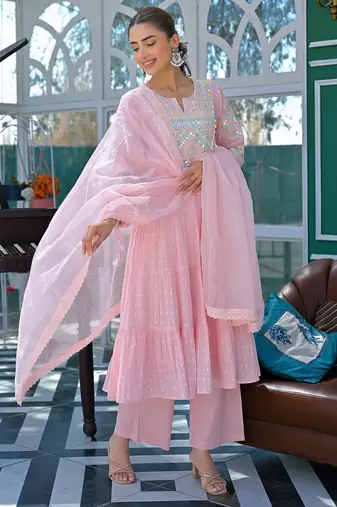 Women's Gorgeous Embroidery Work Flex Cotton Fabric Flared Anarkali Pant and Dupatta Set