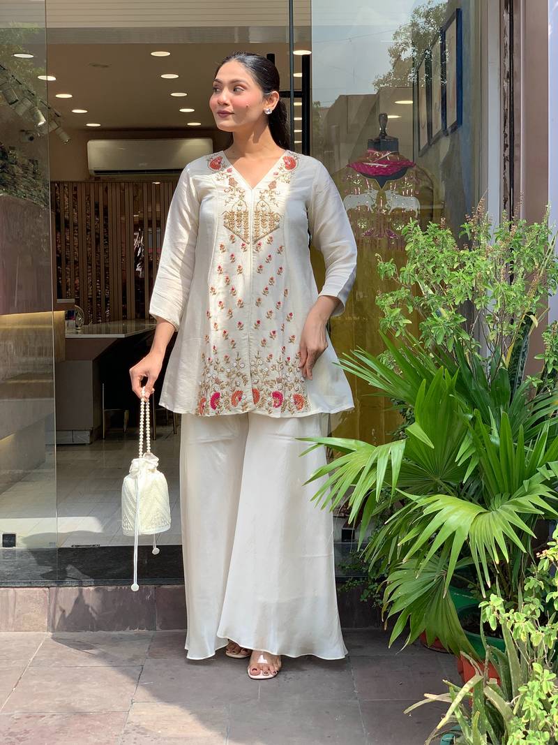 Women's Gorgeous Embroidery Work Silk Fabric Straight Kurta Palazzo Set
