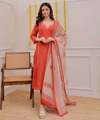 Women's Gorgeous Embroidery Work Rayon Slub Fabric Straight Kurta Pant and Dupatta Set 1