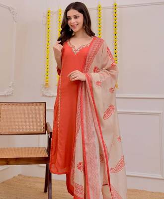 Women's Gorgeous Embroidery Work Rayon Slub Fabric Straight Kurta Pant and Dupatta Set 4