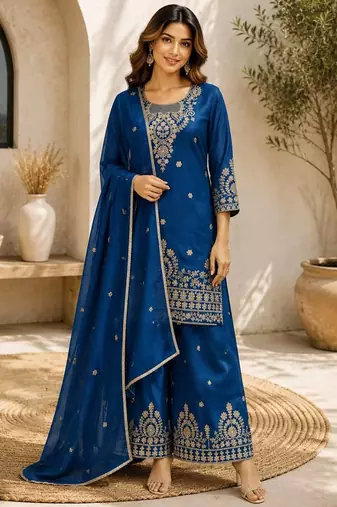 Blue embroidered silk palazzo suit with dupatta