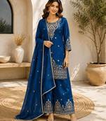 Blue embroidered silk palazzo suit with dupatta