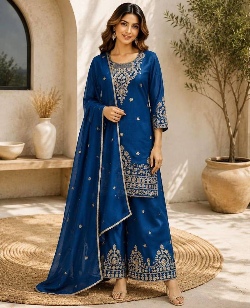 Blue embroidered silk palazzo suit with dupatta