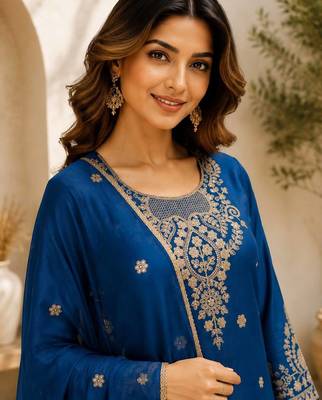 Blue embroidered silk palazzo suit with dupatta 2