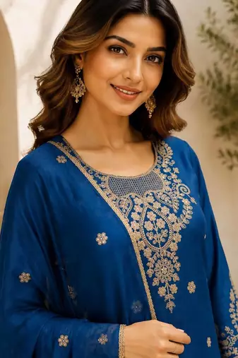 Blue embroidered silk palazzo suit with dupatta