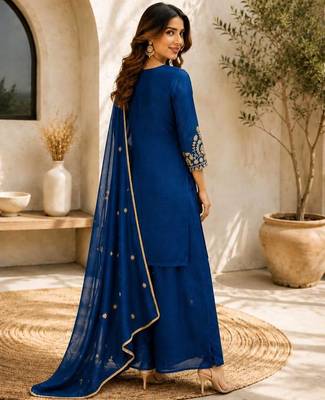 Blue embroidered silk palazzo suit with dupatta 3