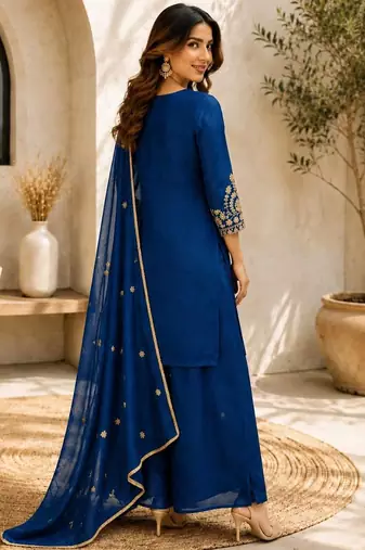 Blue embroidered silk palazzo suit with dupatta