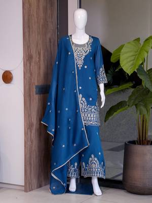 Blue embroidered silk palazzo suit with dupatta 4
