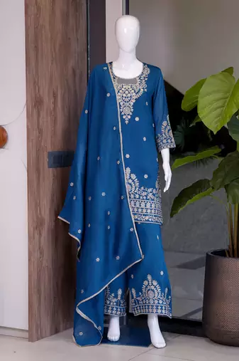 Blue embroidered silk palazzo suit with dupatta