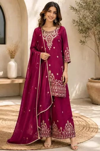 Wine embroidered silk palazzo suit with dupatta