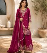 Wine embroidered silk palazzo suit with dupatta