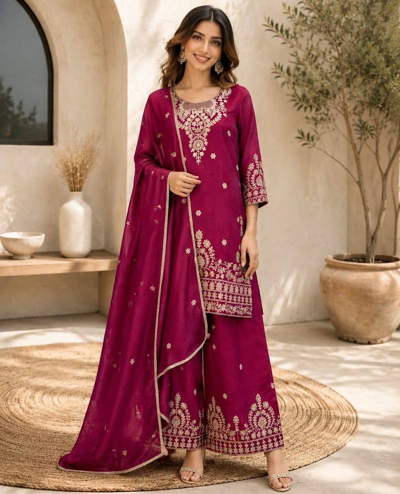 Wine embroidered silk palazzo suit with dupatta