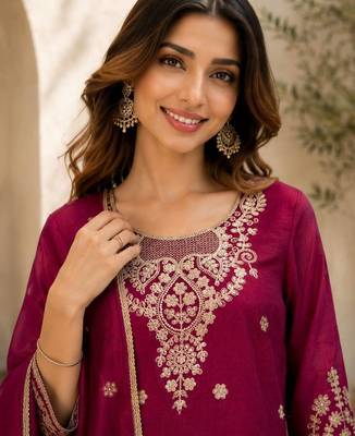 Wine embroidered silk palazzo suit with dupatta 2