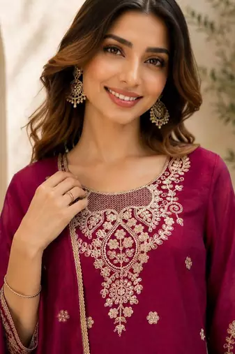 Wine embroidered silk palazzo suit with dupatta
