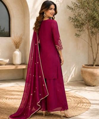 Wine embroidered silk palazzo suit with dupatta 3