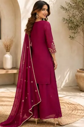 Wine embroidered silk palazzo suit with dupatta