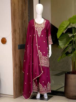Wine embroidered silk palazzo suit with dupatta 4