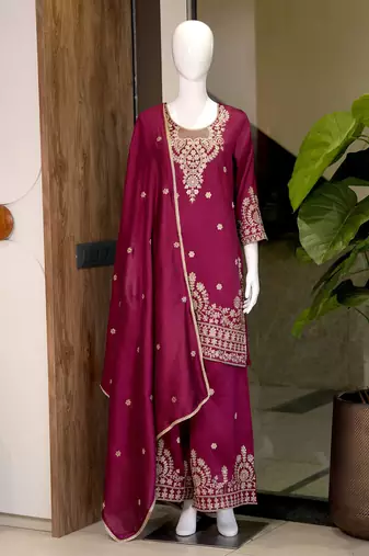 Wine embroidered silk palazzo suit with dupatta