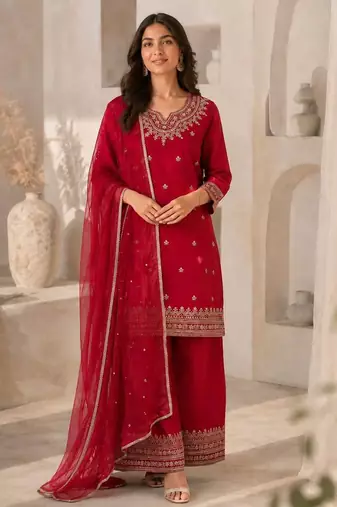Festive red silk party wear kurti pant set with elegant zari work